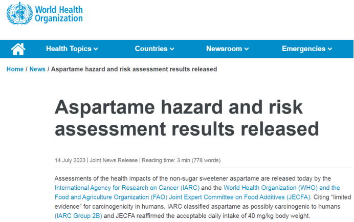 最近阿斯巴甜备受关注！阿斯巴甜是一种合成甜味剂，已经广泛应用众多的饮料、零食等领域中，像无糖可口可乐、百事无糖可乐等配料中都有它。7月14日，国际癌症研究机构（IARC）、世界卫生组织（WHO）和粮食及农业组织食品添加剂联合专家委员会（JECFA）发布了阿斯巴甜对健康影响…